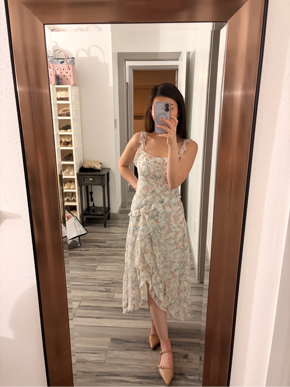 Soft Floral Ruffle Midi Dress in Light Pastel